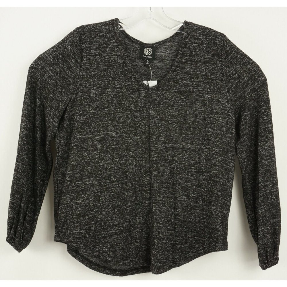 New Bobeau Women's Sizes‎ S / M Black Marled Knit Cozy Blouson Sleeve V-Neck Top
